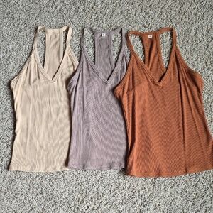 Stylish Ribbed Tank Top Set - Beige, Taupe, and Rust